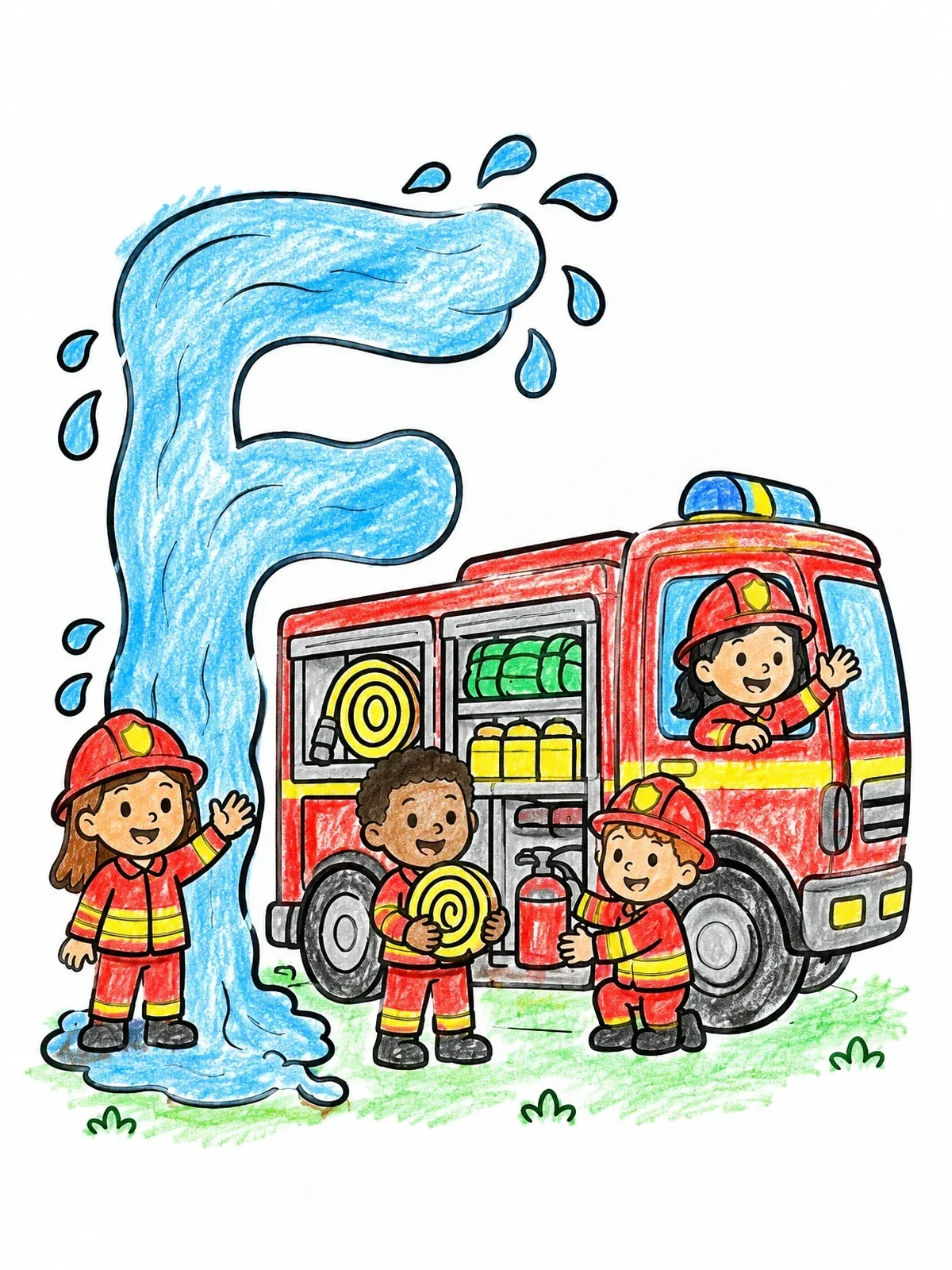 Colored example of the Letter F Water Stream Fire Truck coloring page