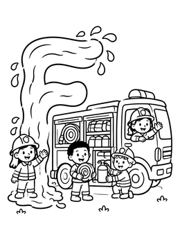 Free printable Letter F Water Stream Fire Truck coloring page