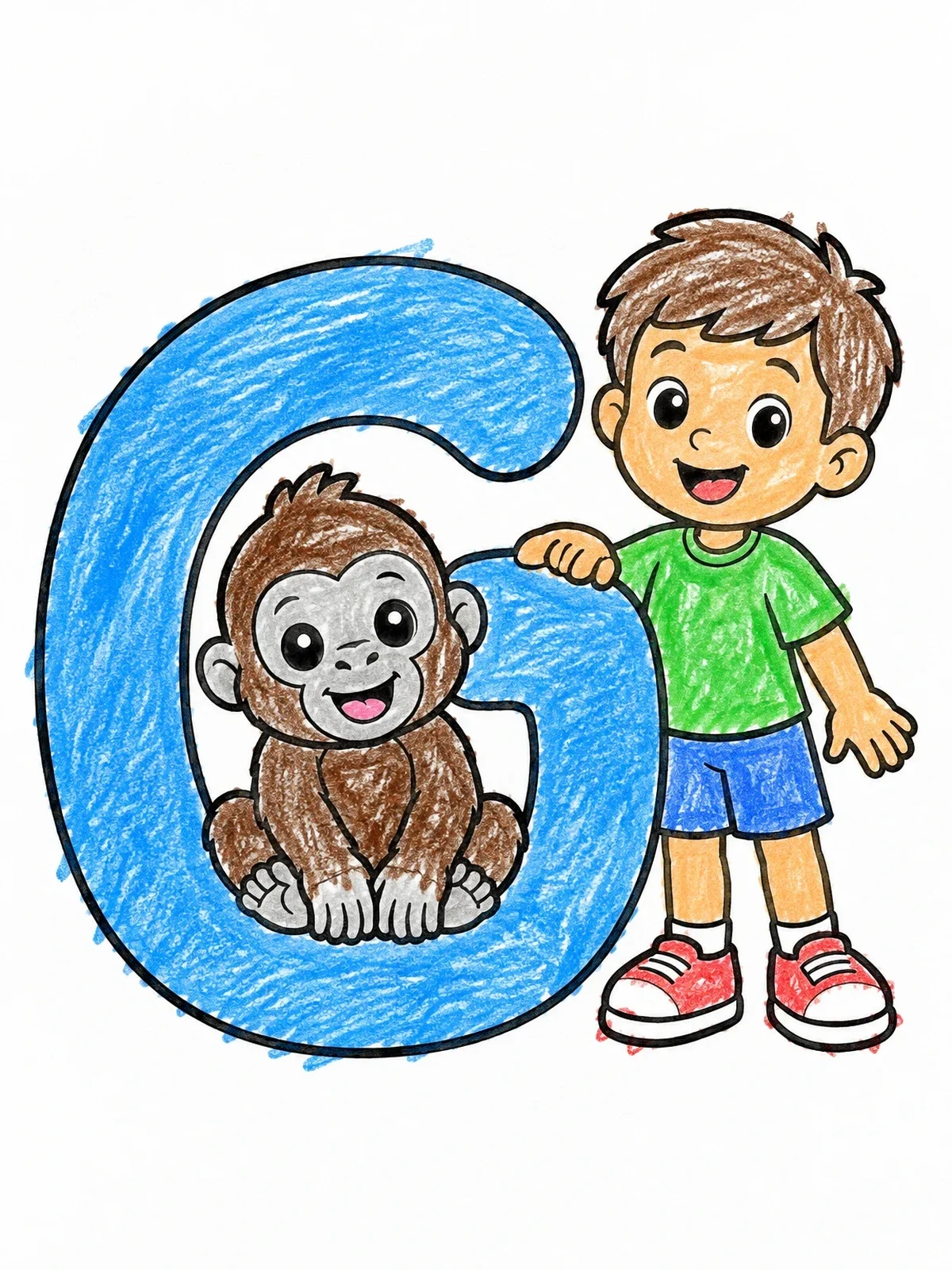 Colored example of the Letter G With Boy And Gorilla coloring page