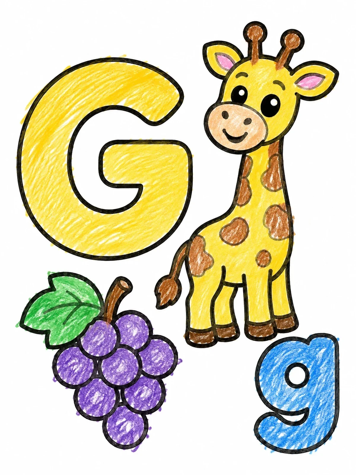 Colored example of the Letter G With Giraffe And Grapes coloring page