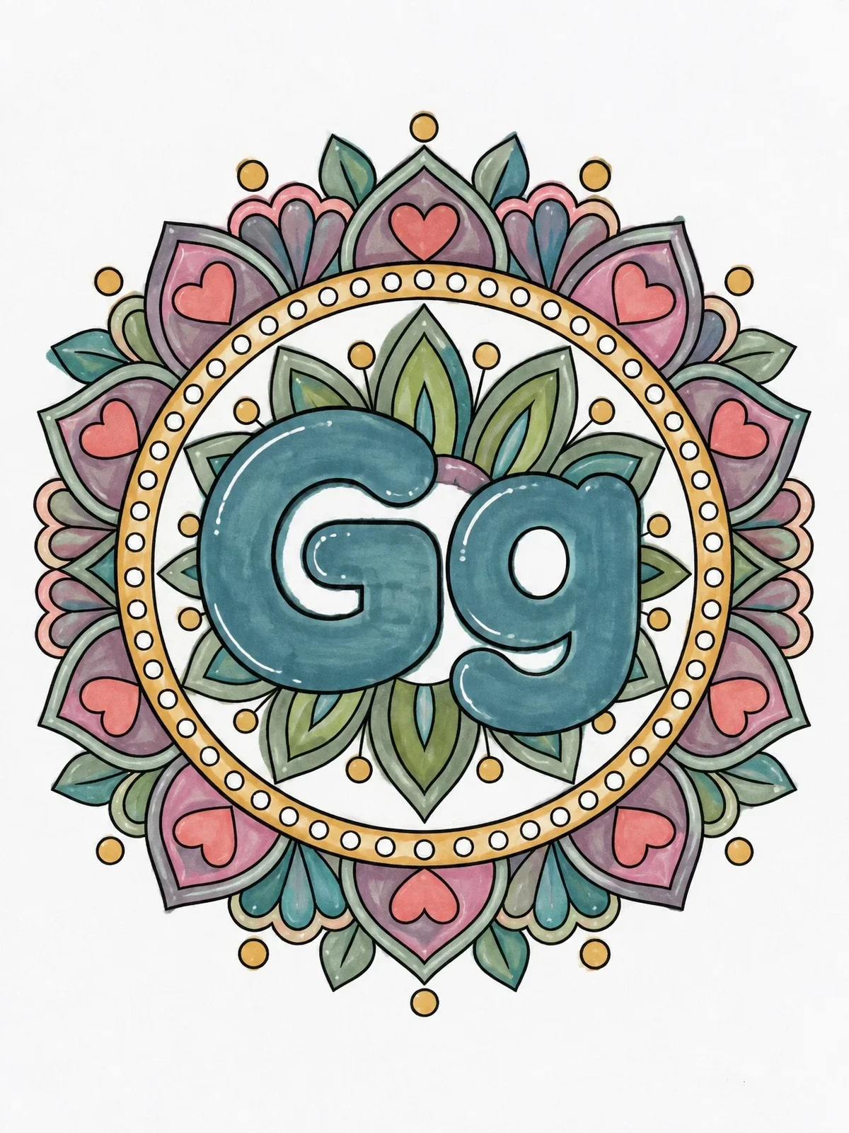 Colored example of the Letter G Mandala Pattern coloring page