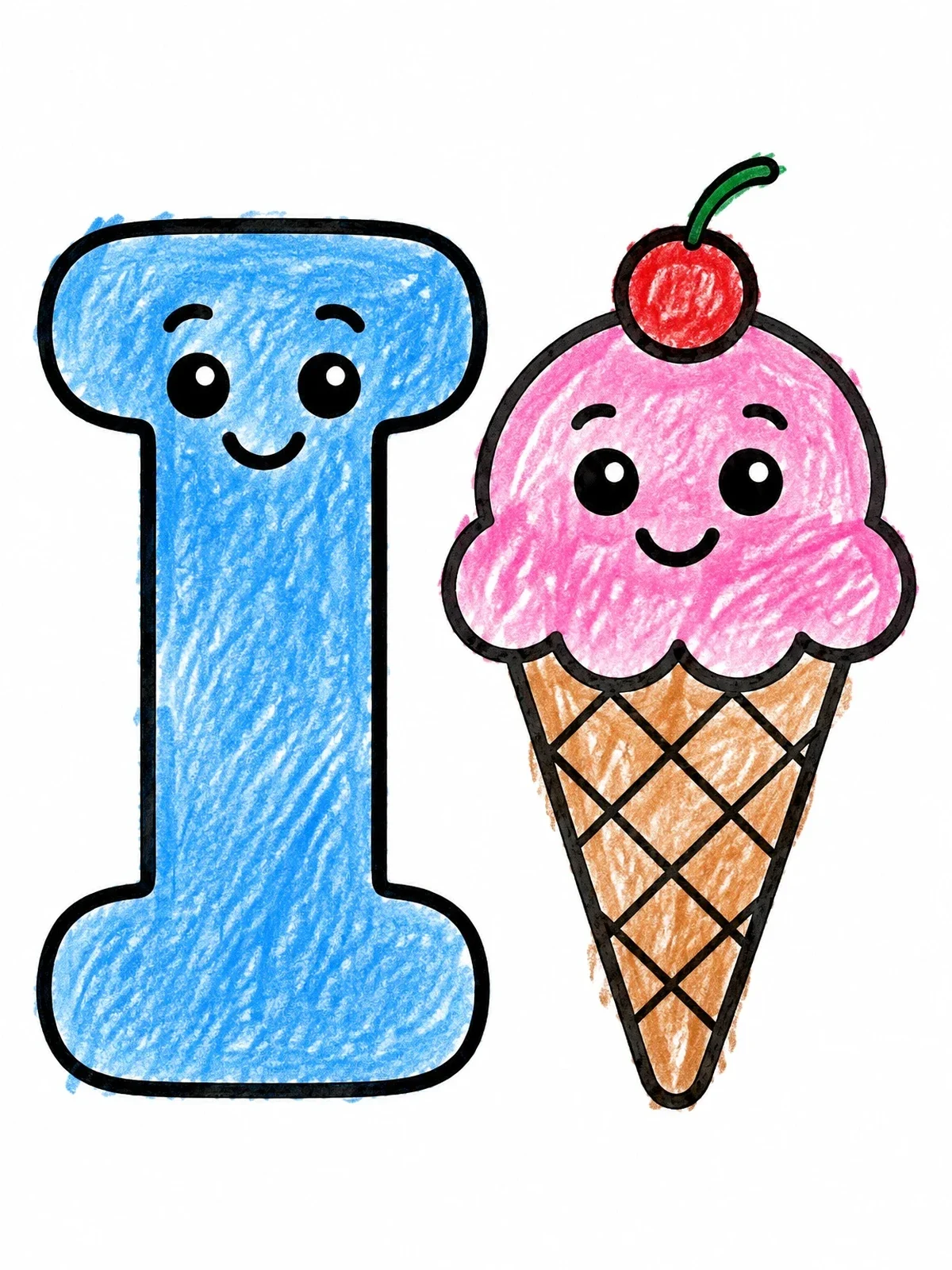 Colored example of the Letter I And Cute Ice Cream Cone coloring page