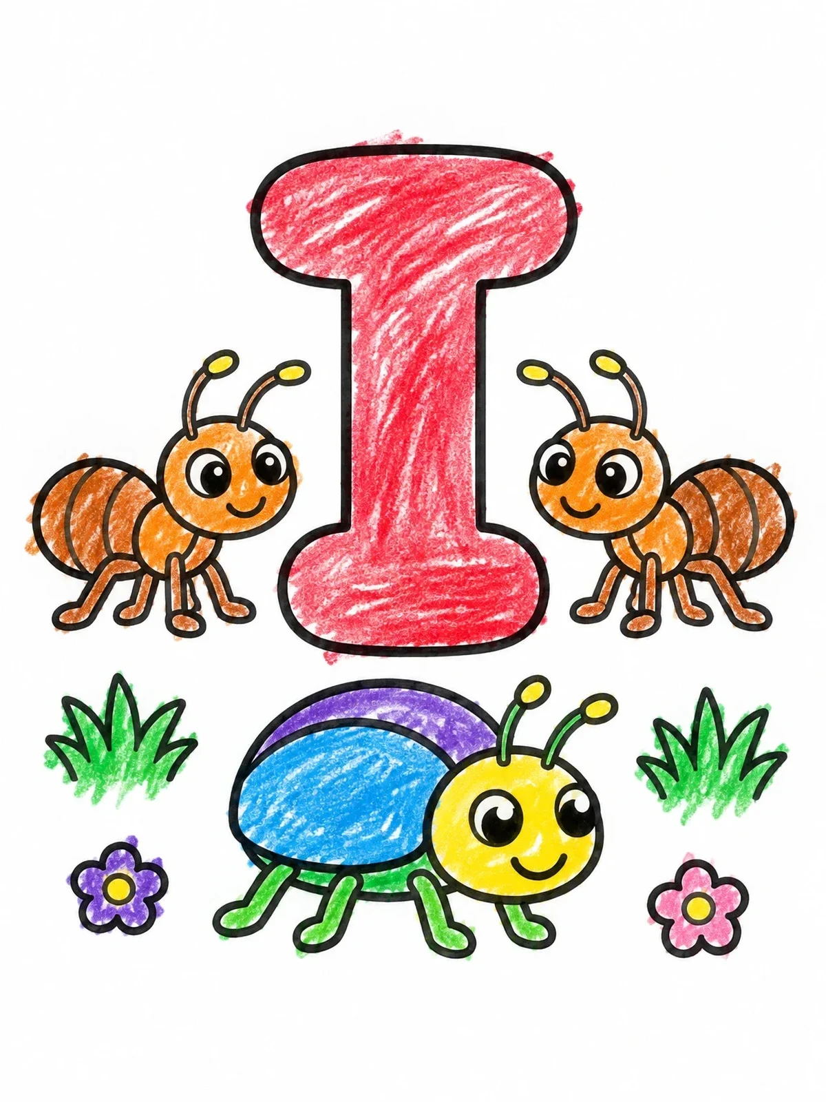 Colored example of the Letter I With Friendly Insects coloring page