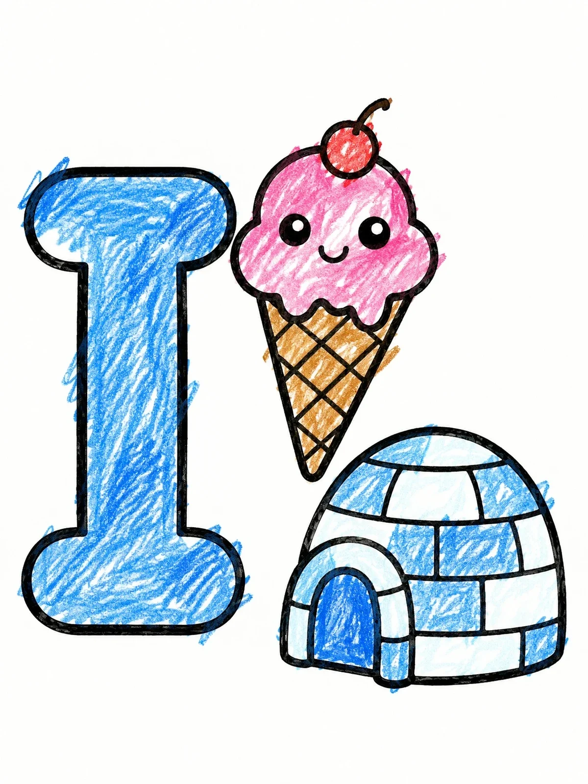 Colored example of the Letter I With Ice Cream And Igloo coloring page