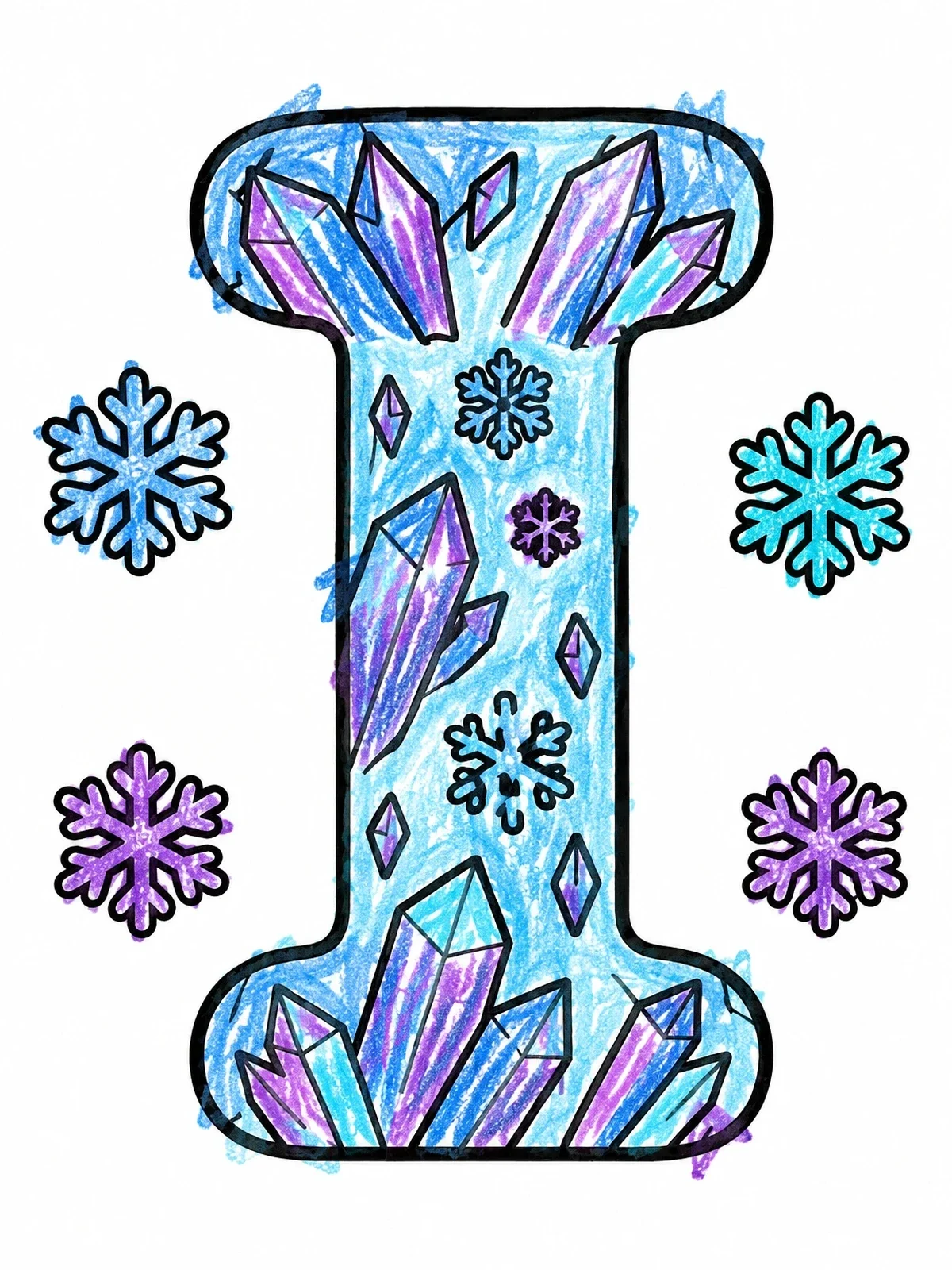 Colored example of the Capital Letter I With Ice Crystals coloring page