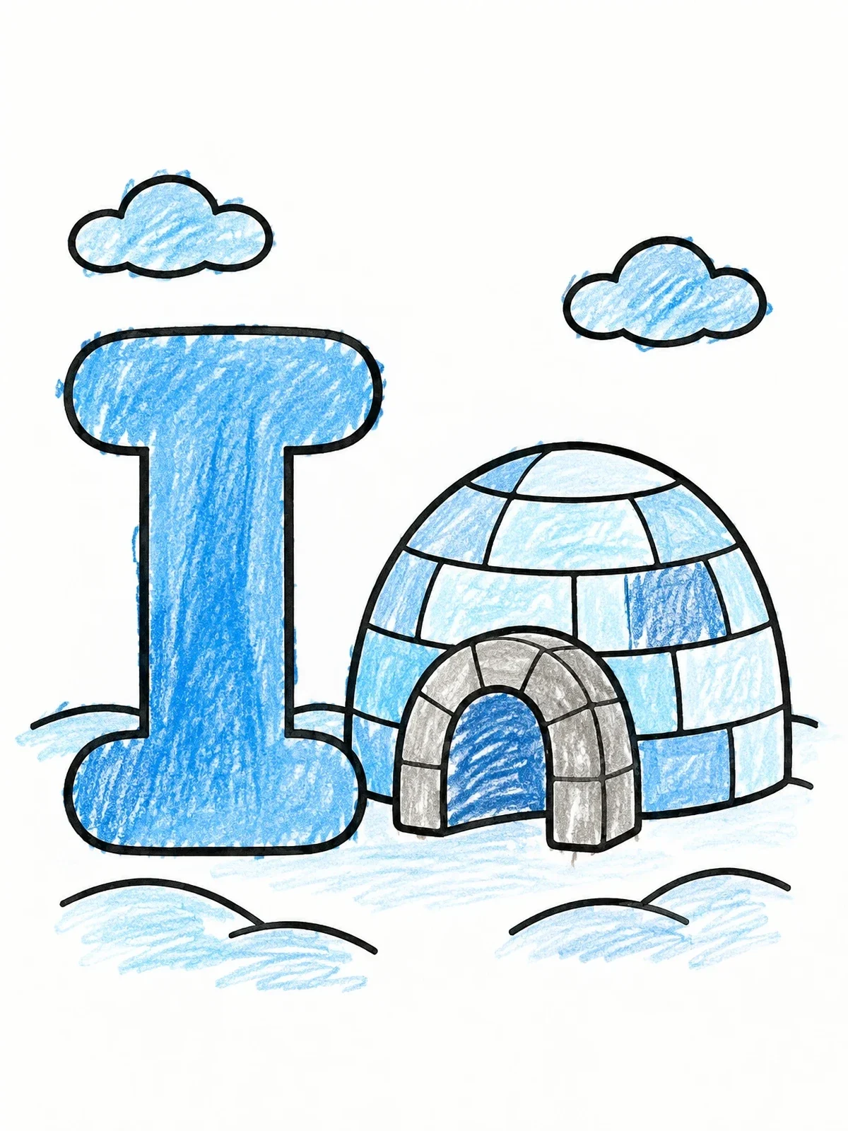 Colored example of the Capital Letter I With Igloo coloring page