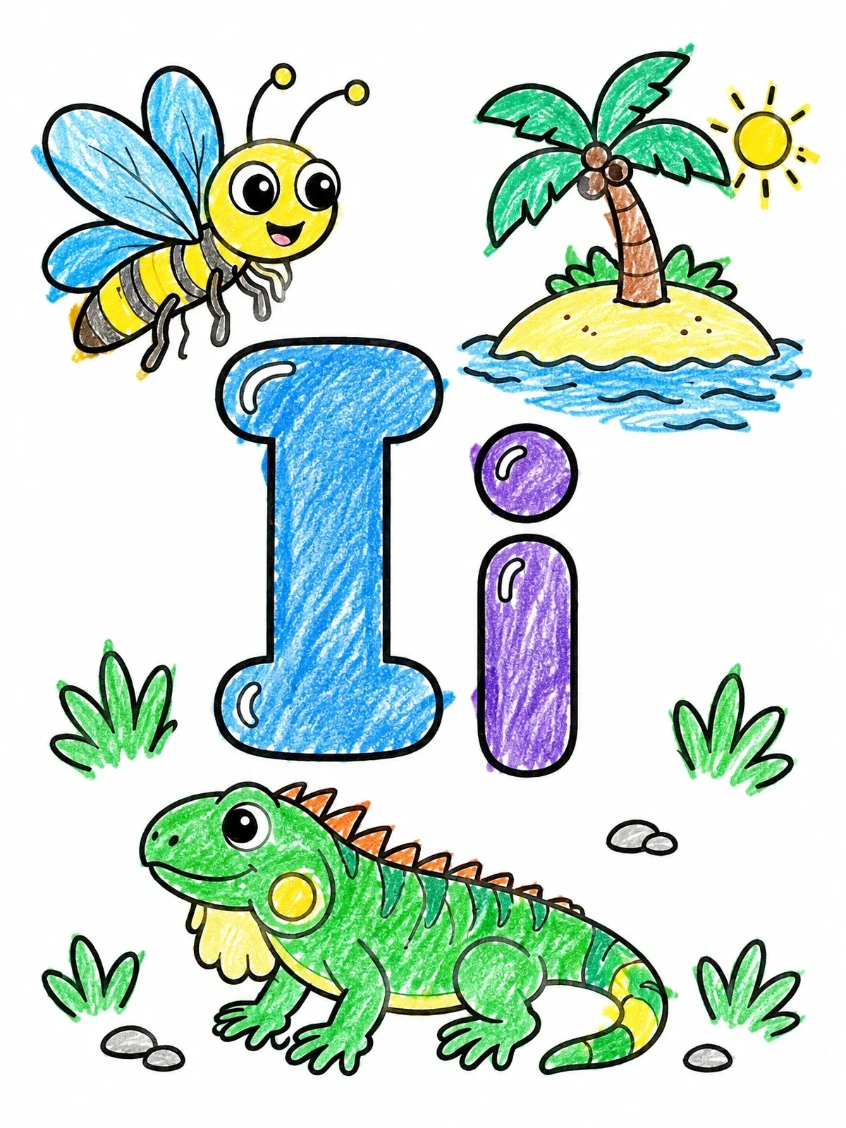 Colored example of the Letter I With Iguana, Island, And Insect coloring page