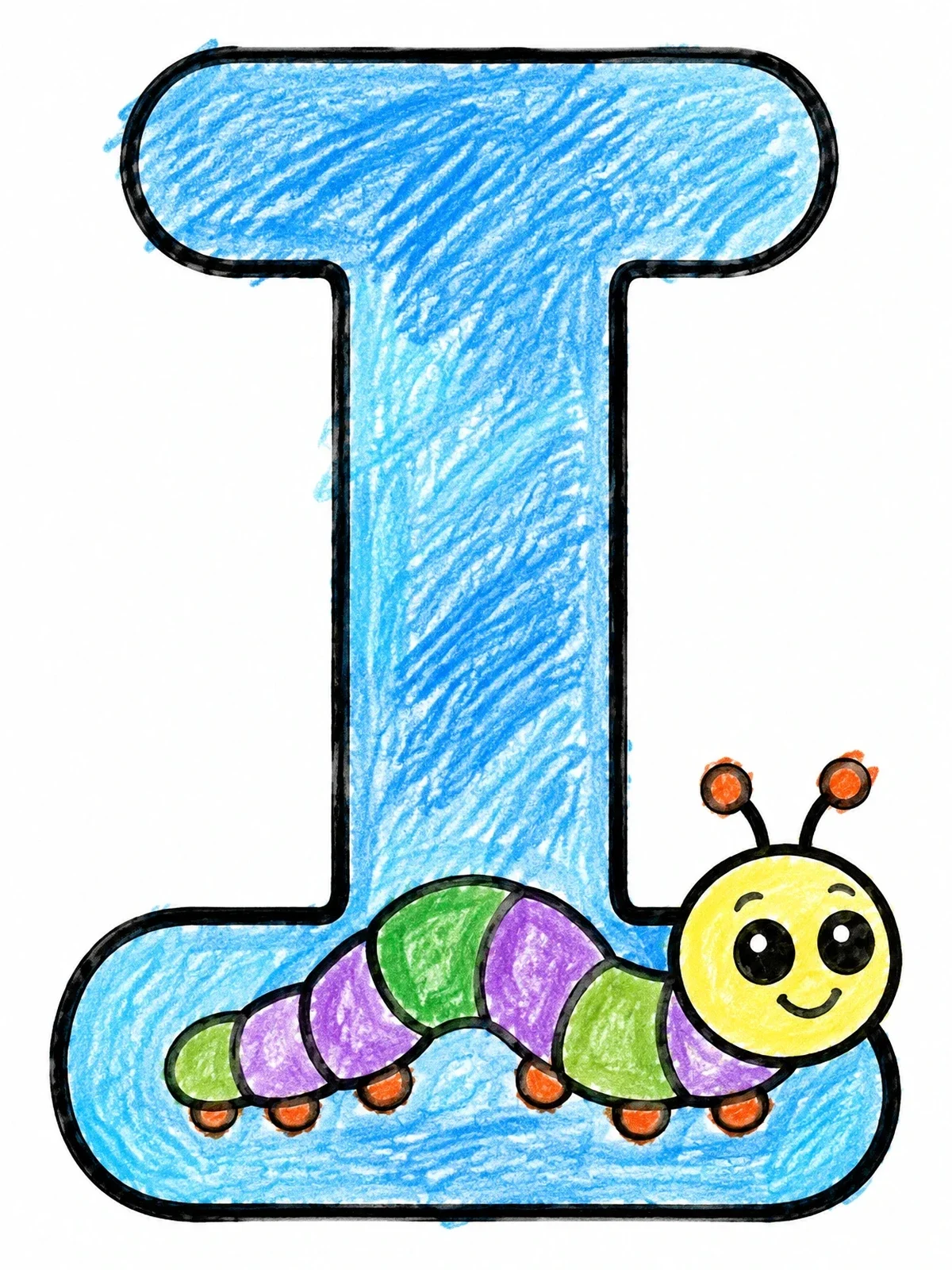Colored example of the Letter I With Friendly Inchworm coloring page
