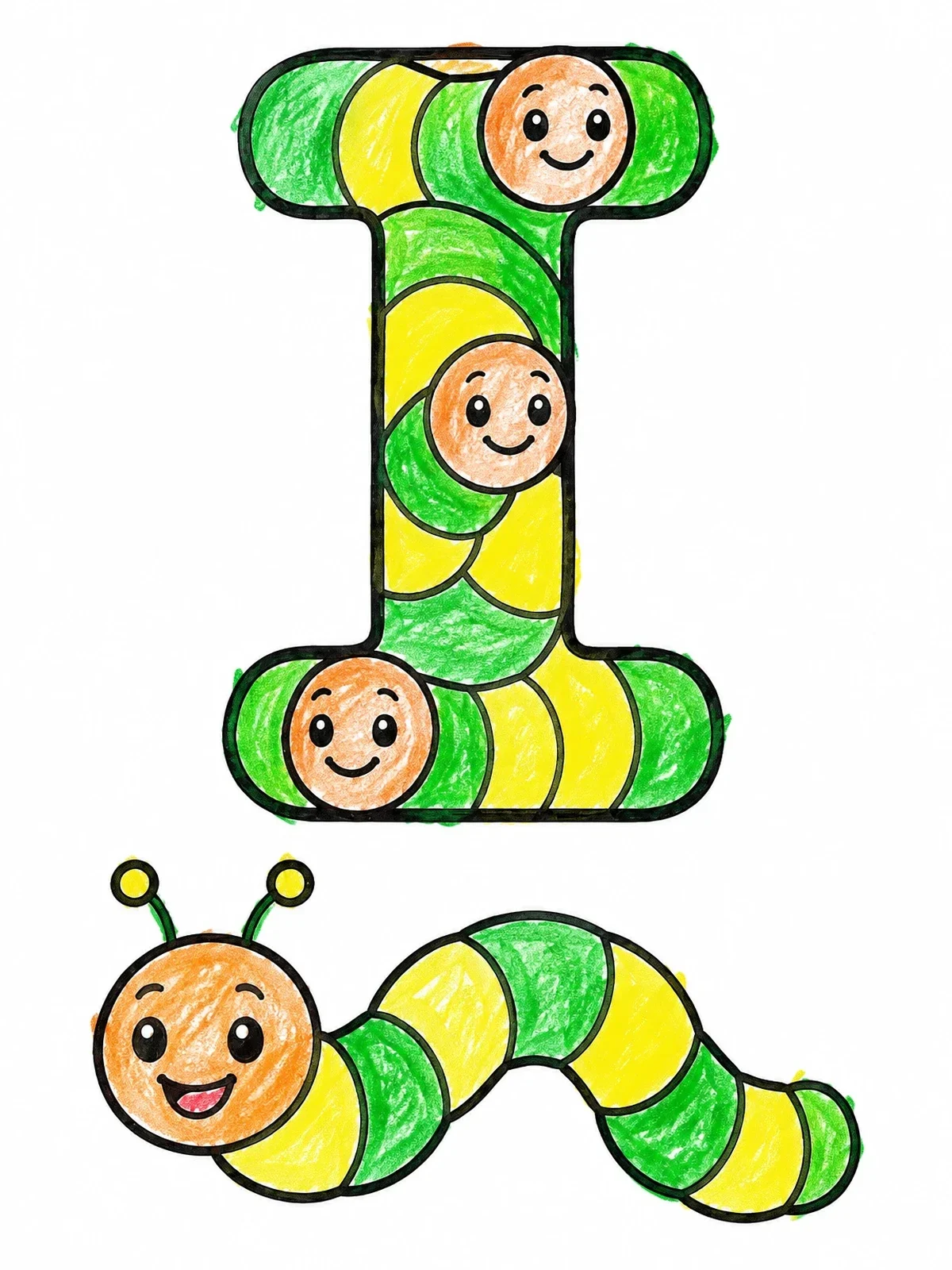 Colored example of the Letter I With Friendly Inchworms coloring page