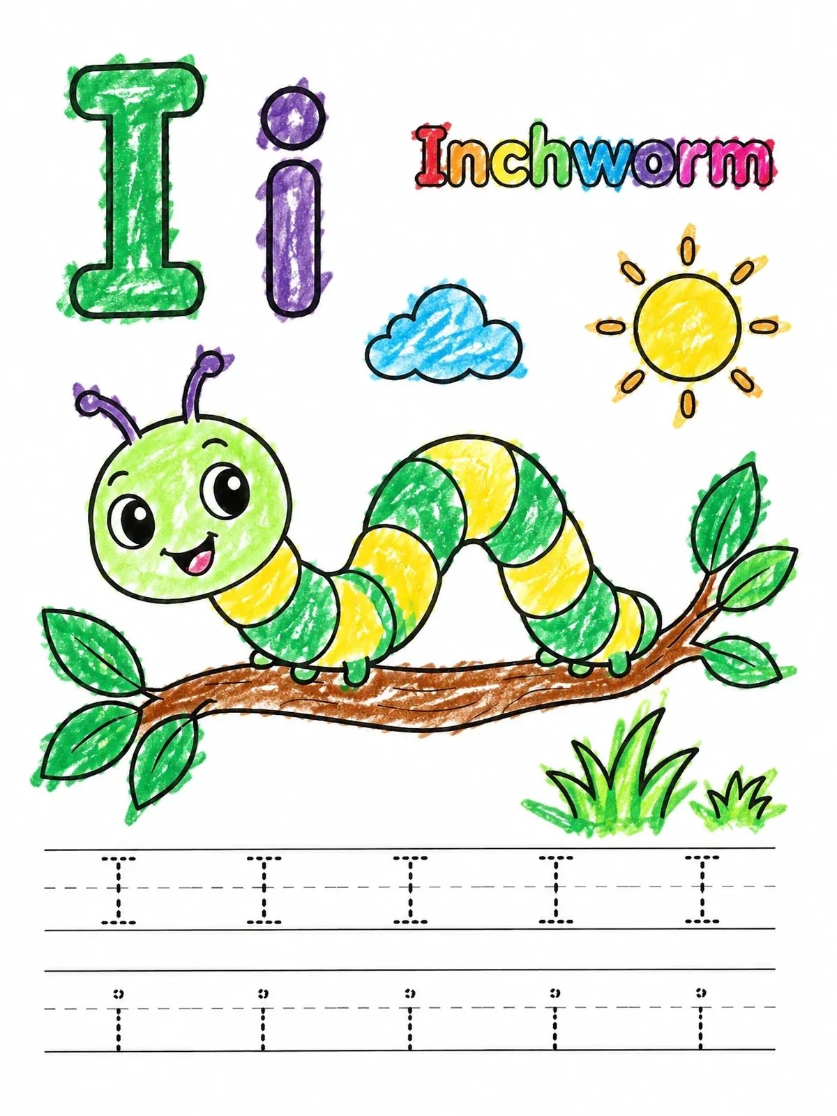 Colored example of the Letter I Inchworm Tracing Worksheet coloring page