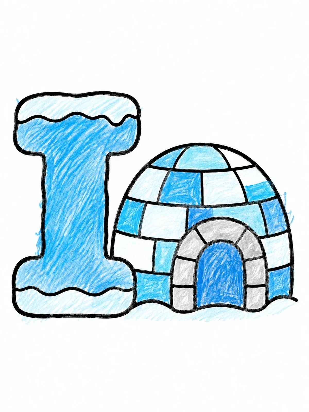 Colored example of the Capital Letter I With Igloo coloring page