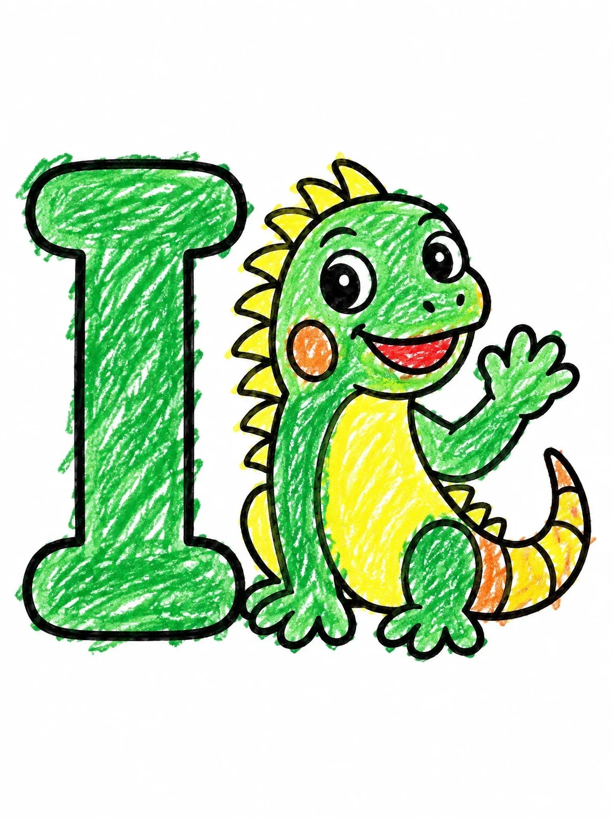 Colored example of the Letter I With Friendly Waving Iguana coloring page