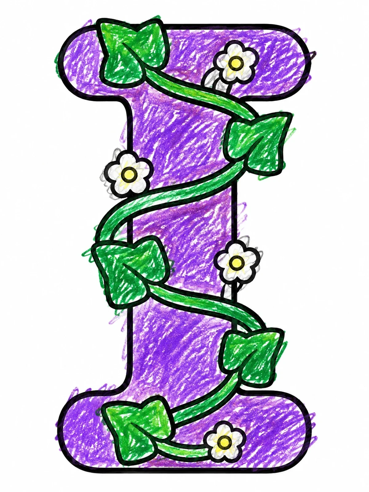 Colored example of the Letter I Wrapped In Ivy Vines coloring page