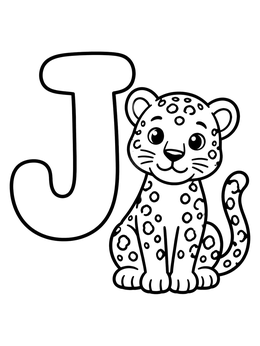 A smiling baby jaguar sits beside a large bold letter in this cute letter j coloring page.