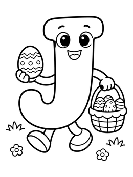 A cheerful letter J coloring page holding a decorated Easter egg and basket.