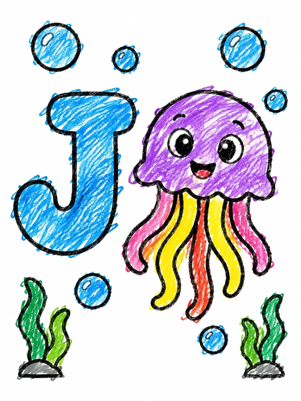 Colored example of the Letter J With Happy Jellyfish coloring page
