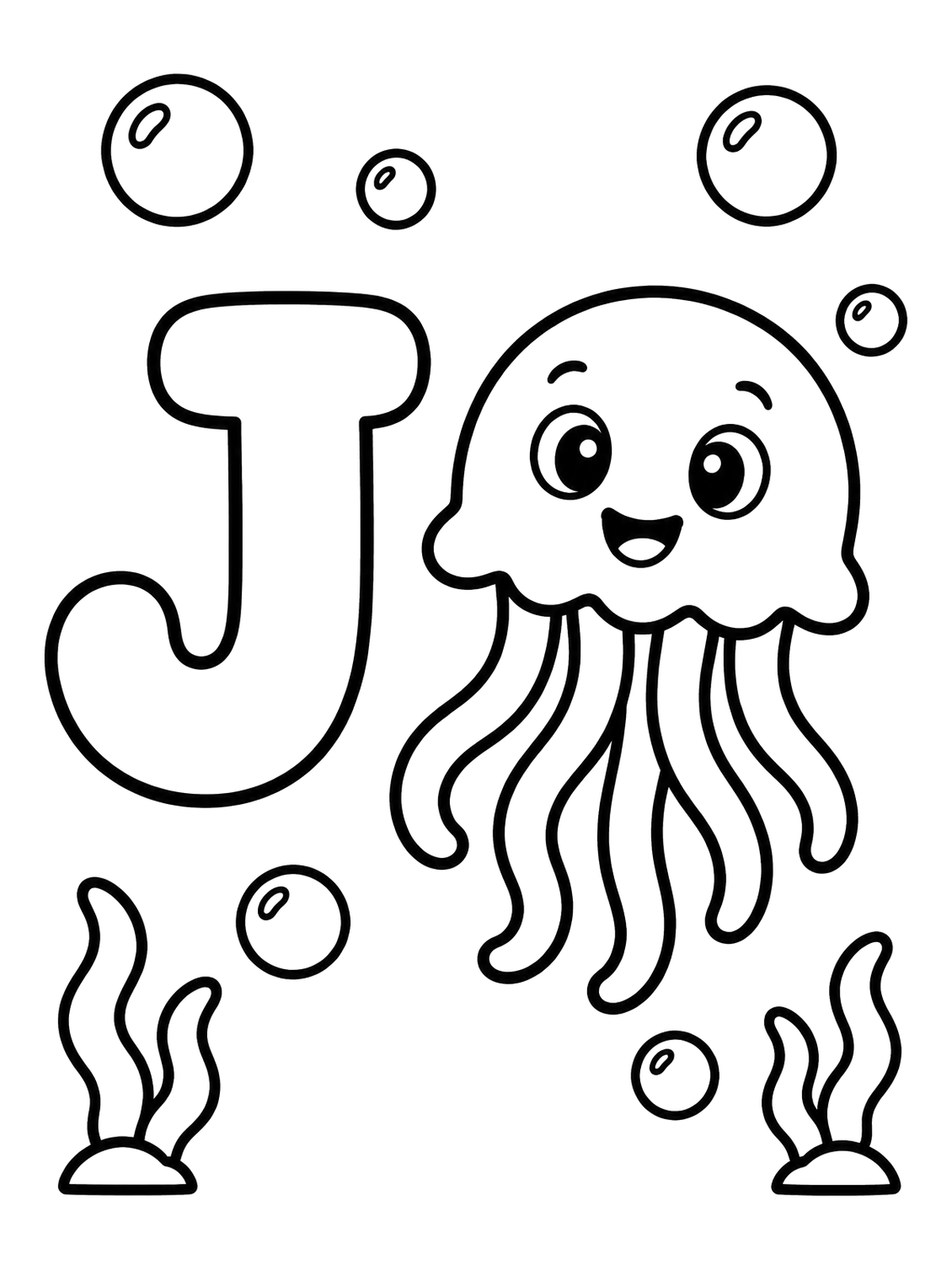 Letter J With Happy Jellyfish Coloring Page