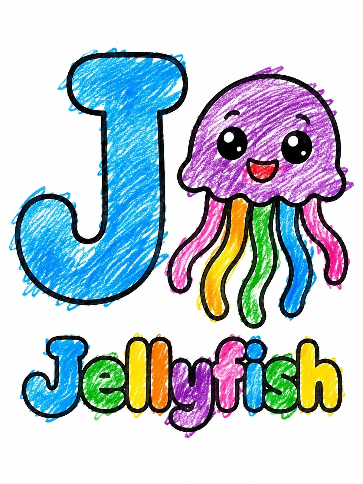 Colored example of the Letter J With Happy Jellyfish coloring page