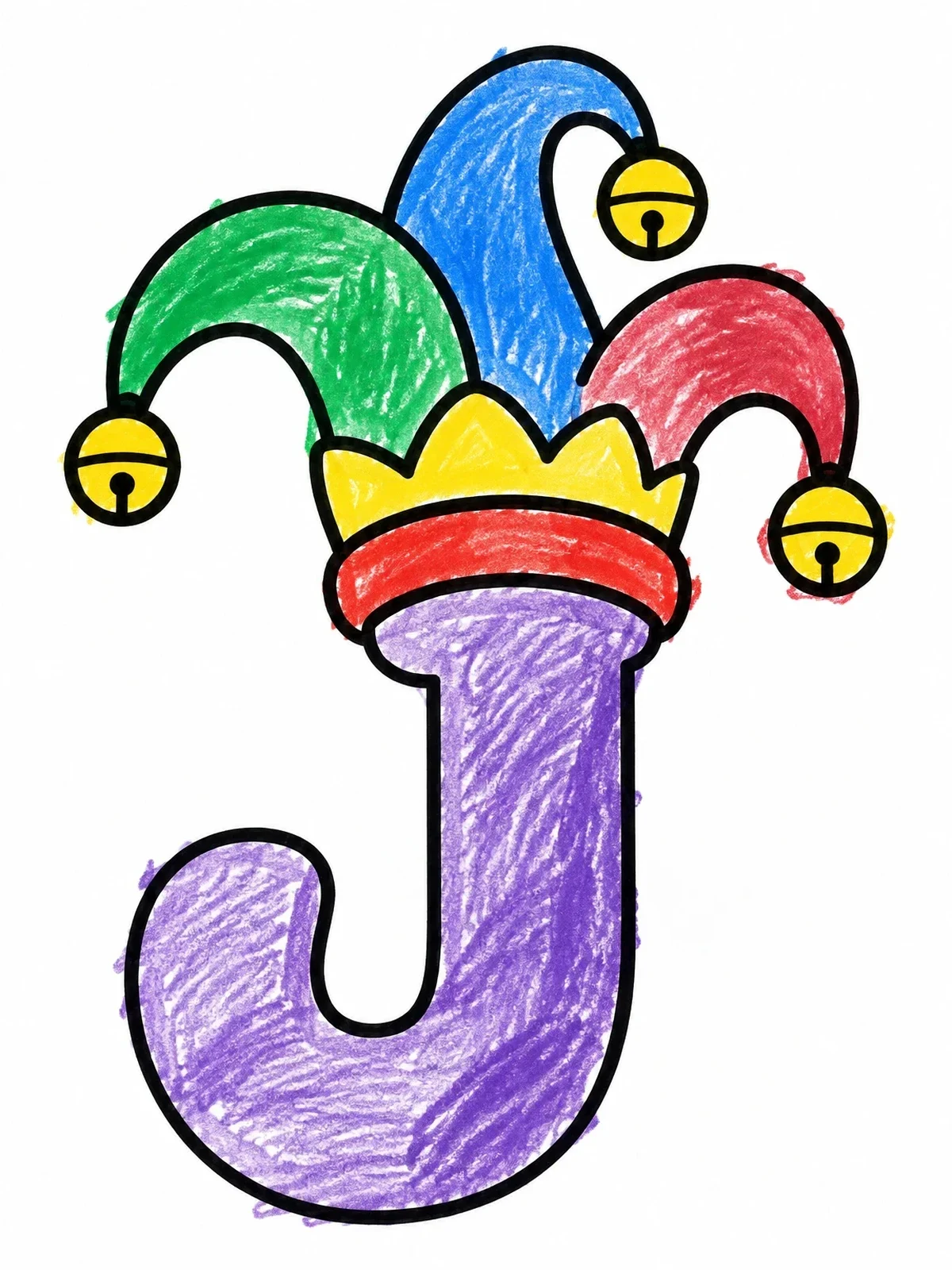 Colored example of the Letter J Wearing A Jester Hat coloring page