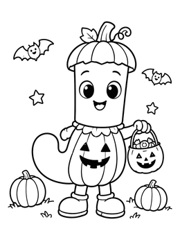 A festive letter j coloring page featuring an anthropomorphic letter dressed in a pumpkin costume for Halloween.