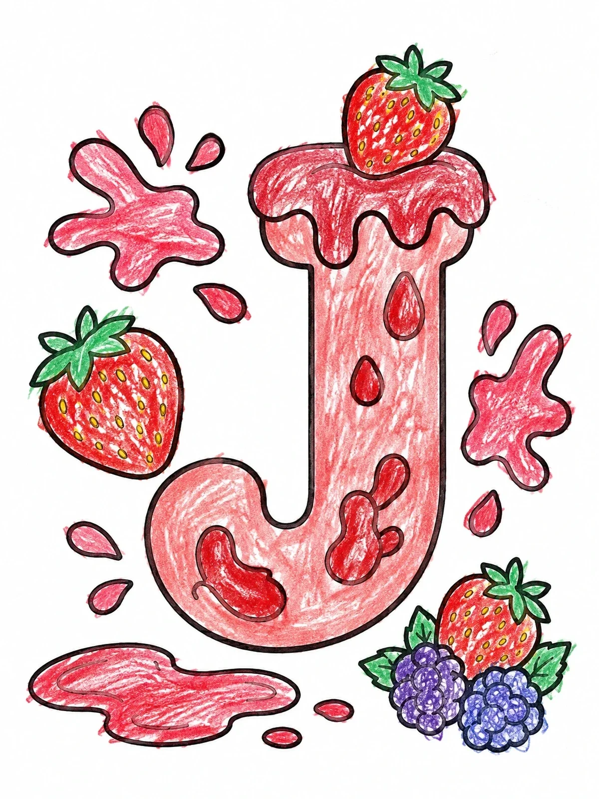 Colored example of the Letter J With Sweet Jam Splashes coloring page