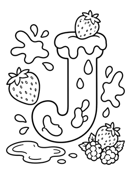 A sweet letter J coloring page covered in dripping jam and fresh berries.