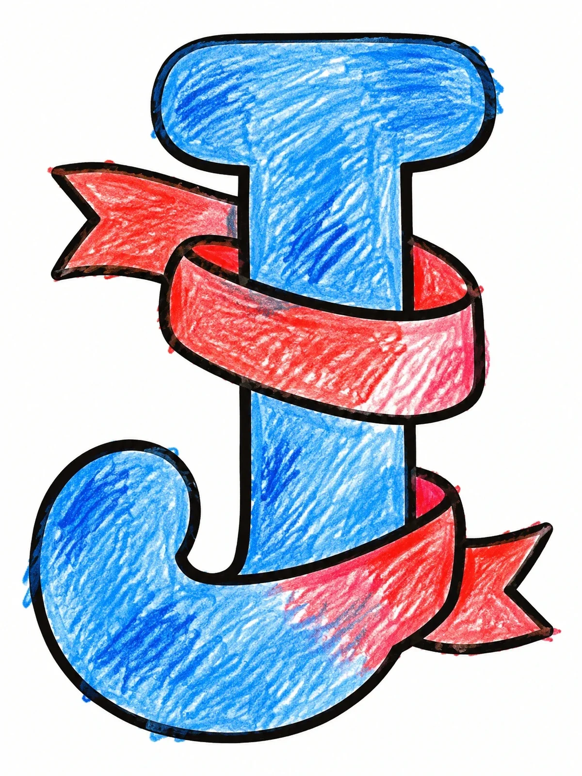 Colored example of the Letter J With Swirling Ribbon coloring page