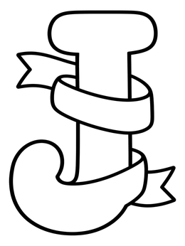A bold letter J coloring page wrapped with a flowing ribbon banner.