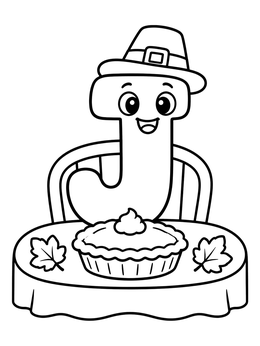 A smiling letter J wearing a pilgrim hat behind a Thanksgiving pie in this letter j coloring page.