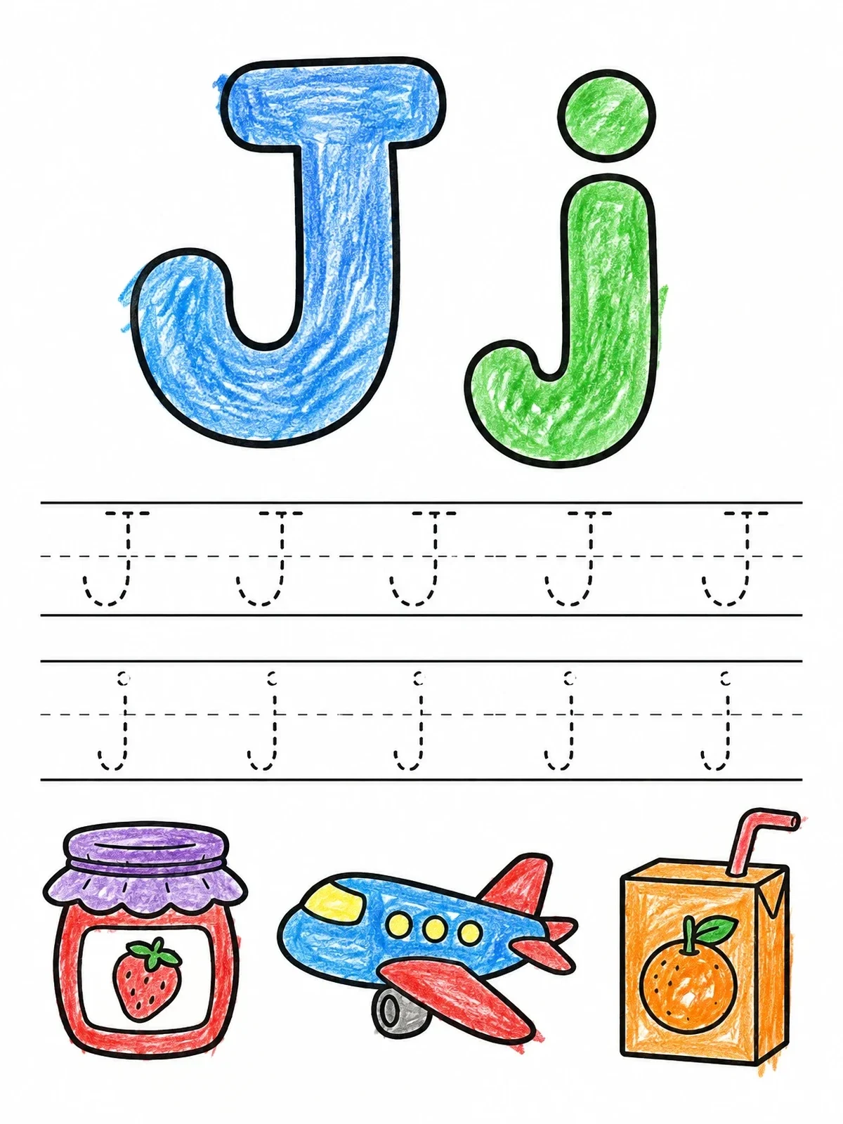 Colored example of the Letter J Tracing And Vocabulary coloring page