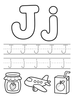 Free printable Letter J Tracing And Vocabulary coloring page