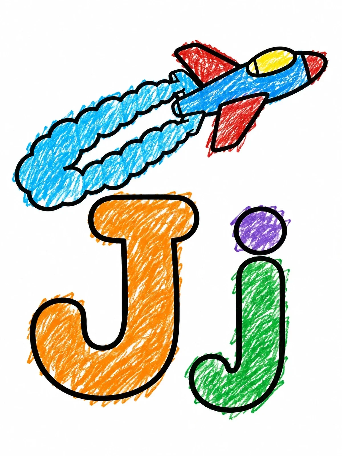 Colored example of the Letter J With Flying Jet coloring page