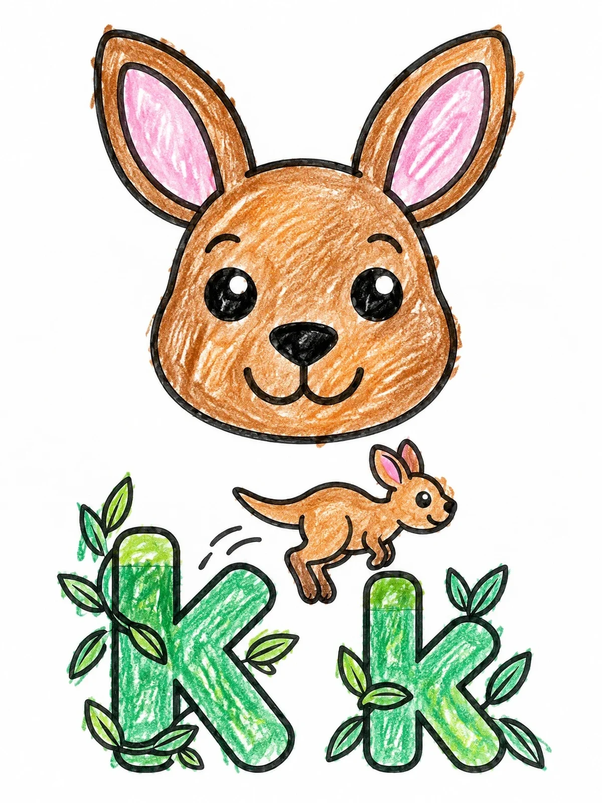 Colored example of the Letter K With Hopping Kangaroo coloring page