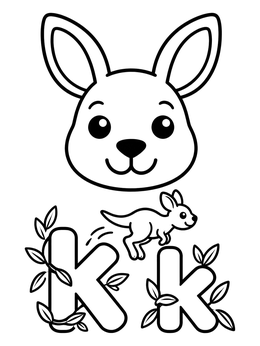 A kangaroo coloring page with letter K, leafy vines, and a cute joey.