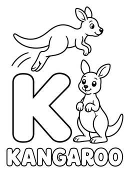 A kangaroo coloring page featuring the letter K and two cute kangaroos.