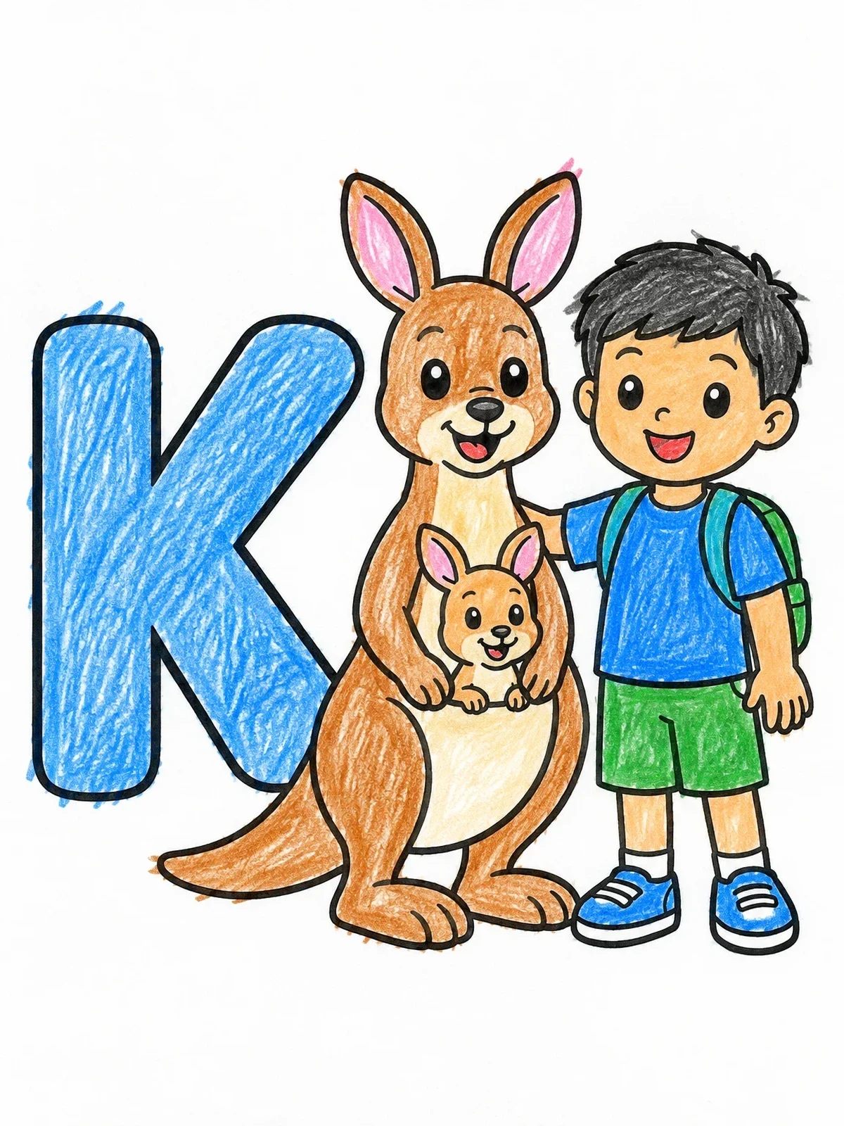 Colored example of the Letter K With Kangaroo And Boy coloring page