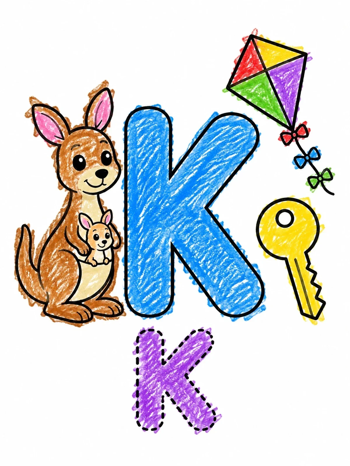 Colored example of the Letter K Kangaroo Kite And Key coloring page