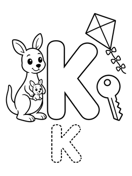 Free printable Letter K Kangaroo Kite And Key coloring page