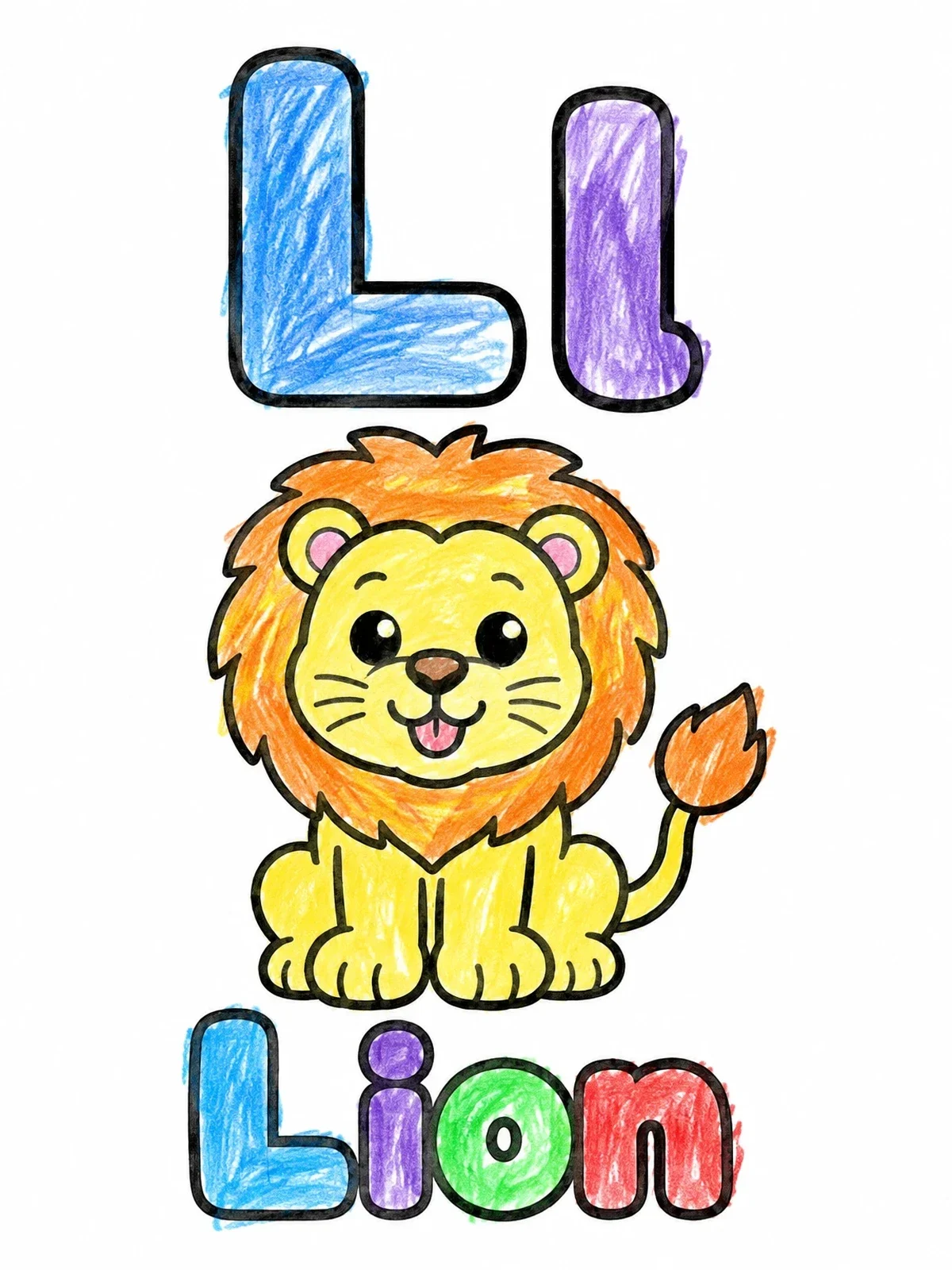 Colored example of the Letter L With Cute Cartoon Lion coloring page
