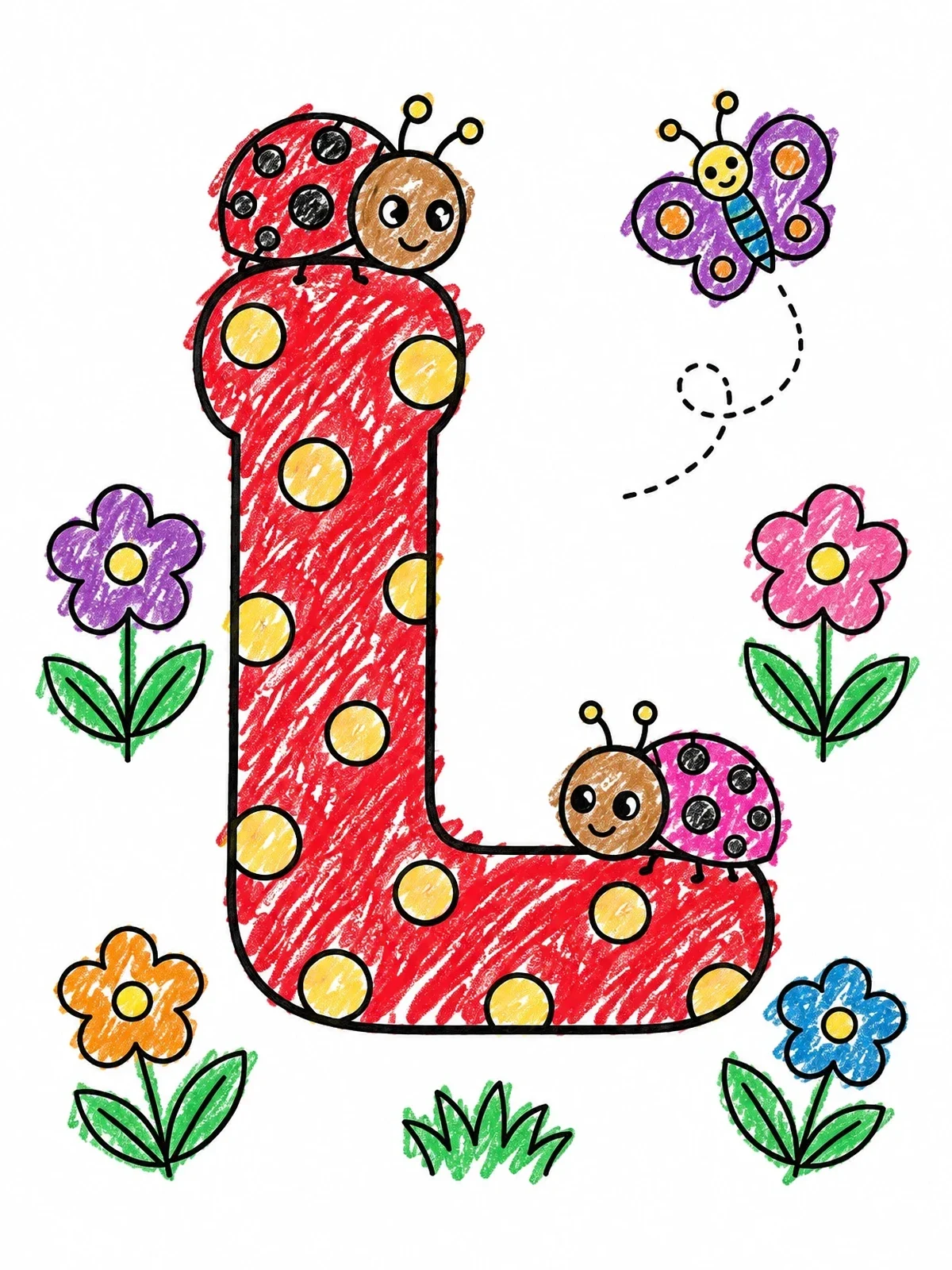 Colored example of the Letter L With Cute Ladybugs coloring page