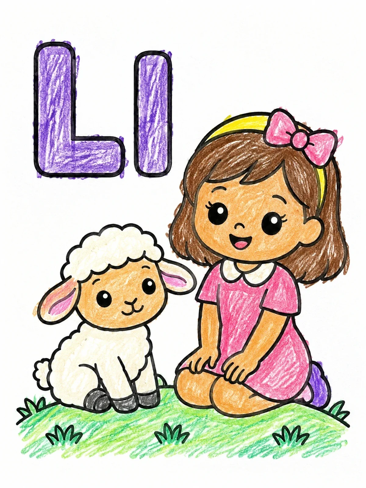Colored example of the Letter L With Little Girl And Lamb coloring page