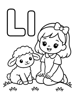 Free printable Letter L With Little Girl And Lamb coloring page