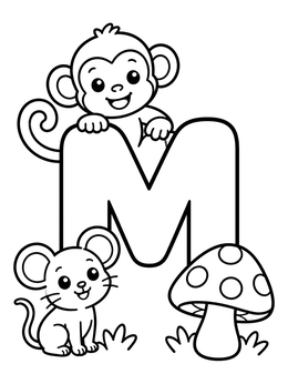 Free printable Letter M With Monkey, Mouse, And Mushroom coloring page
