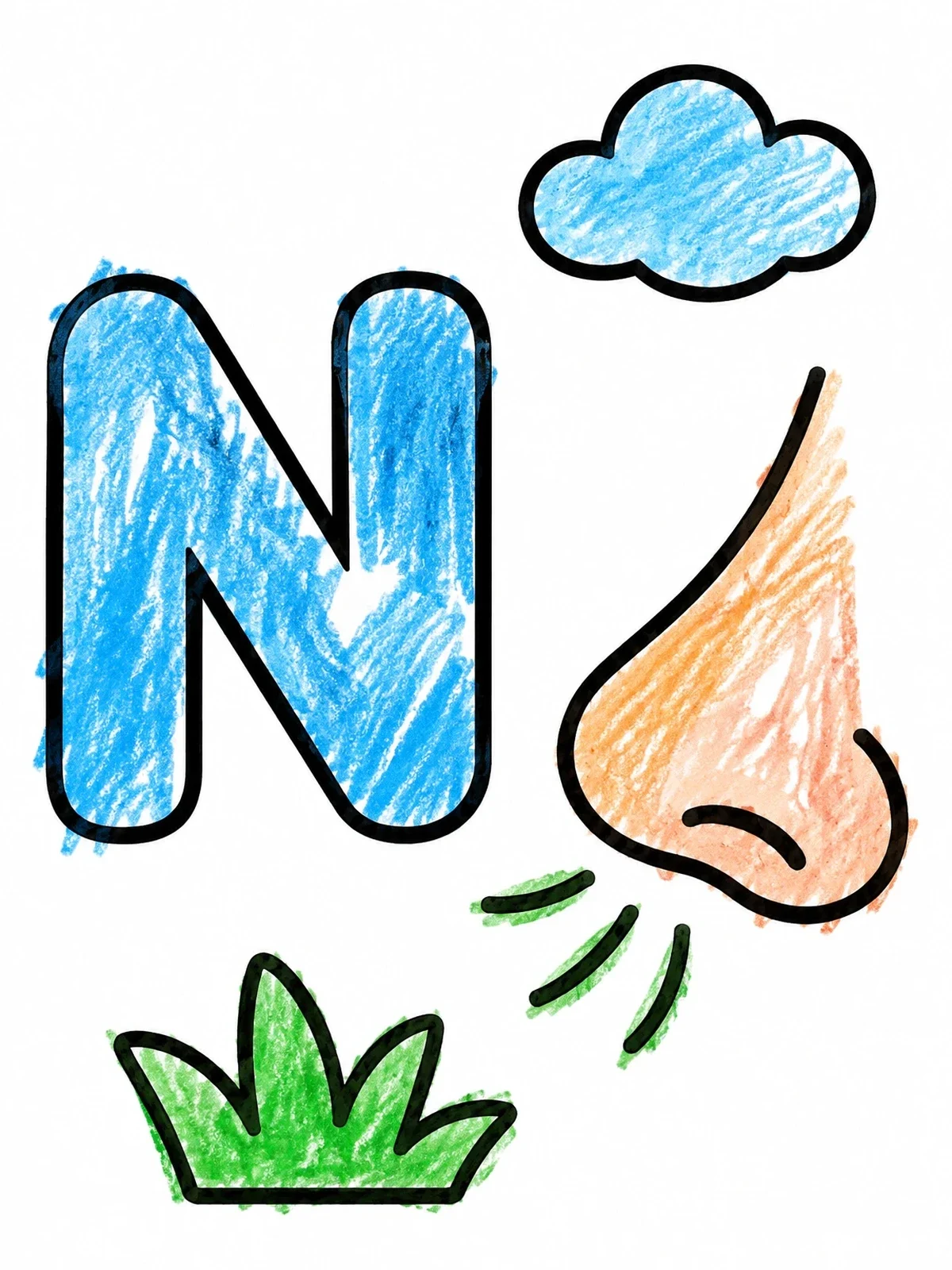Colored example of the Letter N And Sniffing Nose coloring page