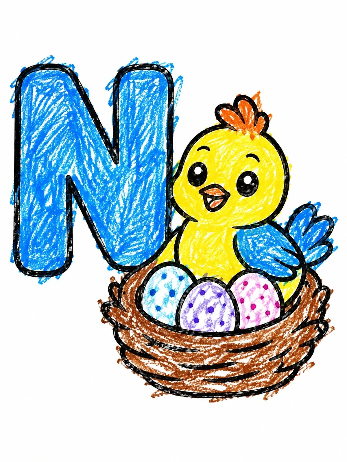 Colored example of the Letter N With Bird And Nest coloring page