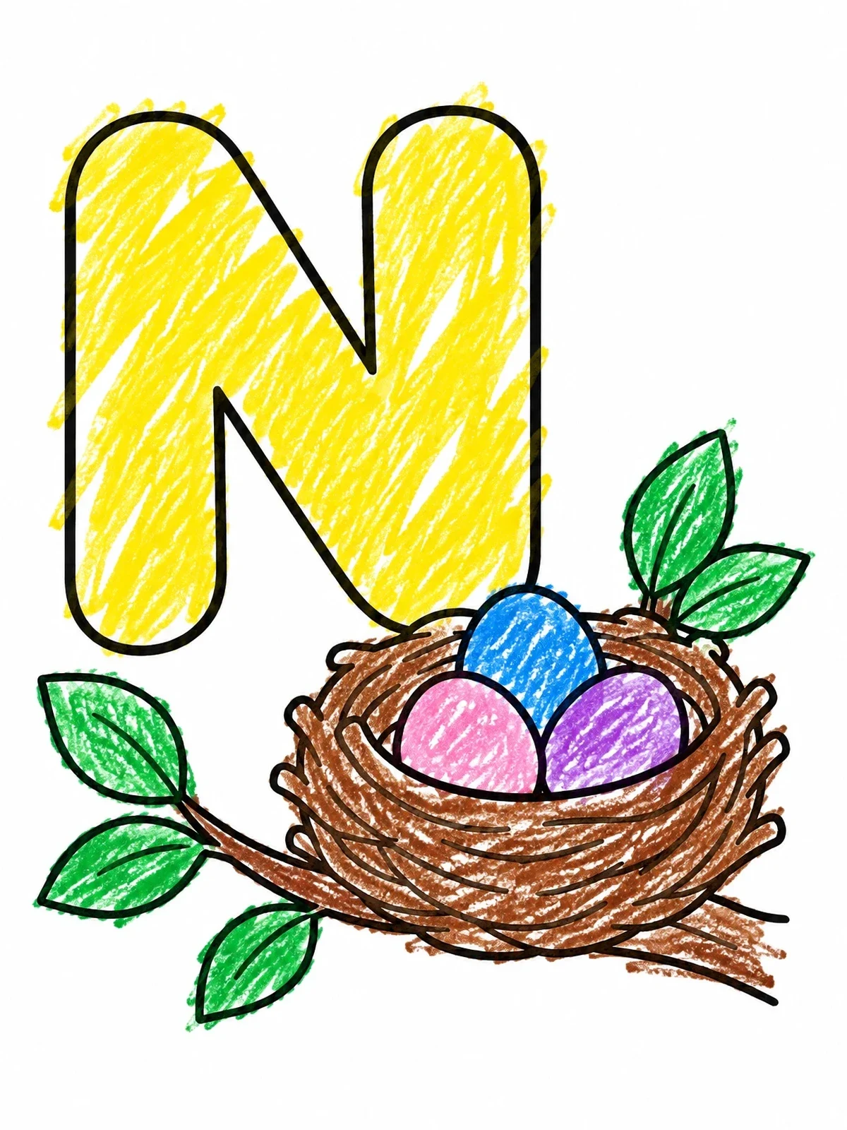 Colored example of the Capital Letter N With Bird Nest coloring page