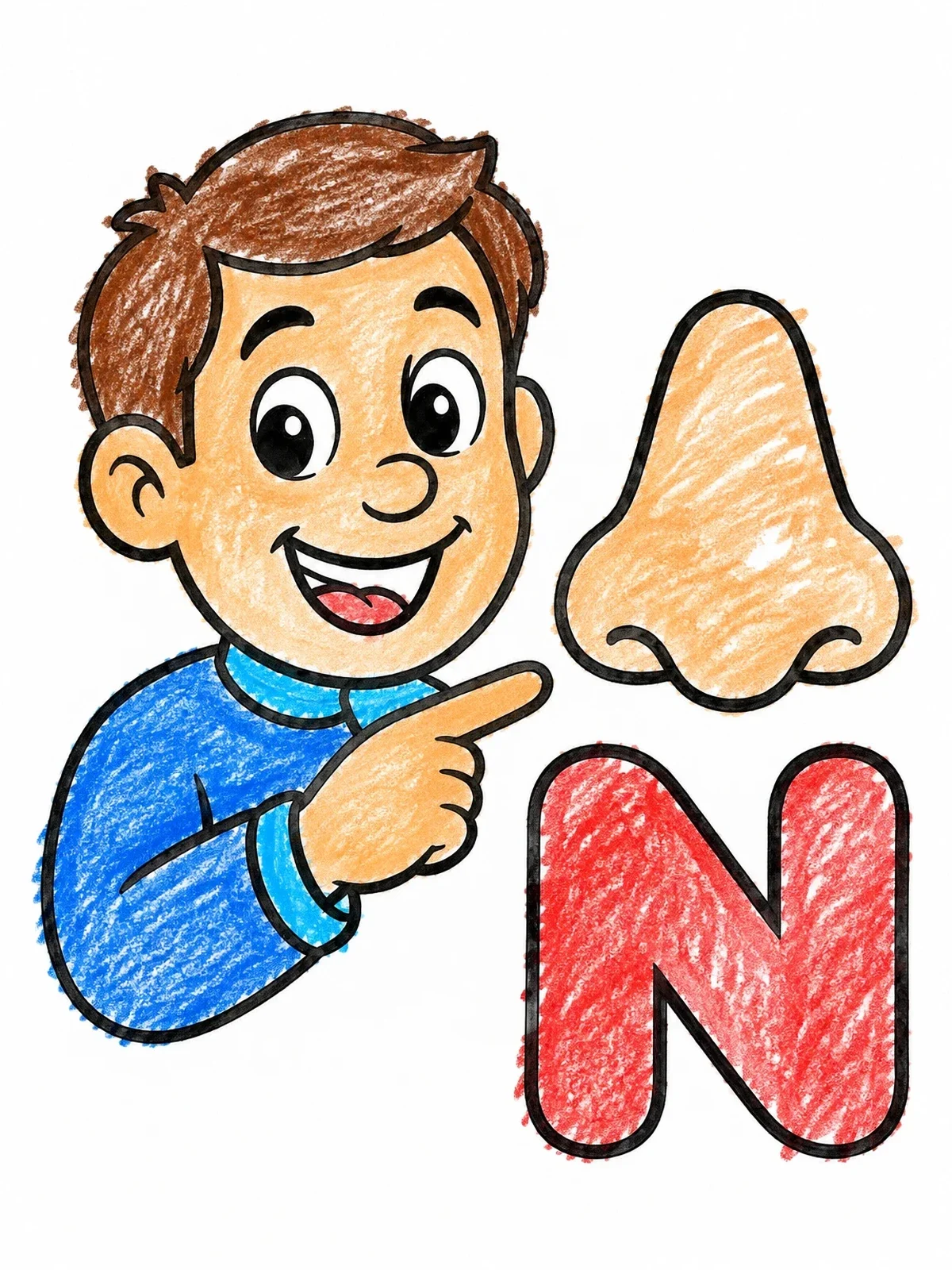 Colored example of the Letter N With Boy And Nose coloring page