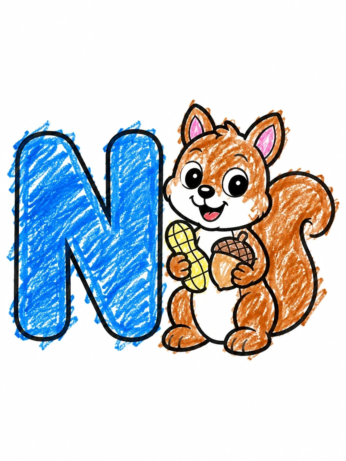 Colored example of the Letter N With Cute Squirrel coloring page
