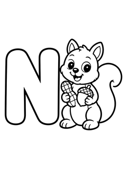 Free printable Letter N With Cute Squirrel coloring page
