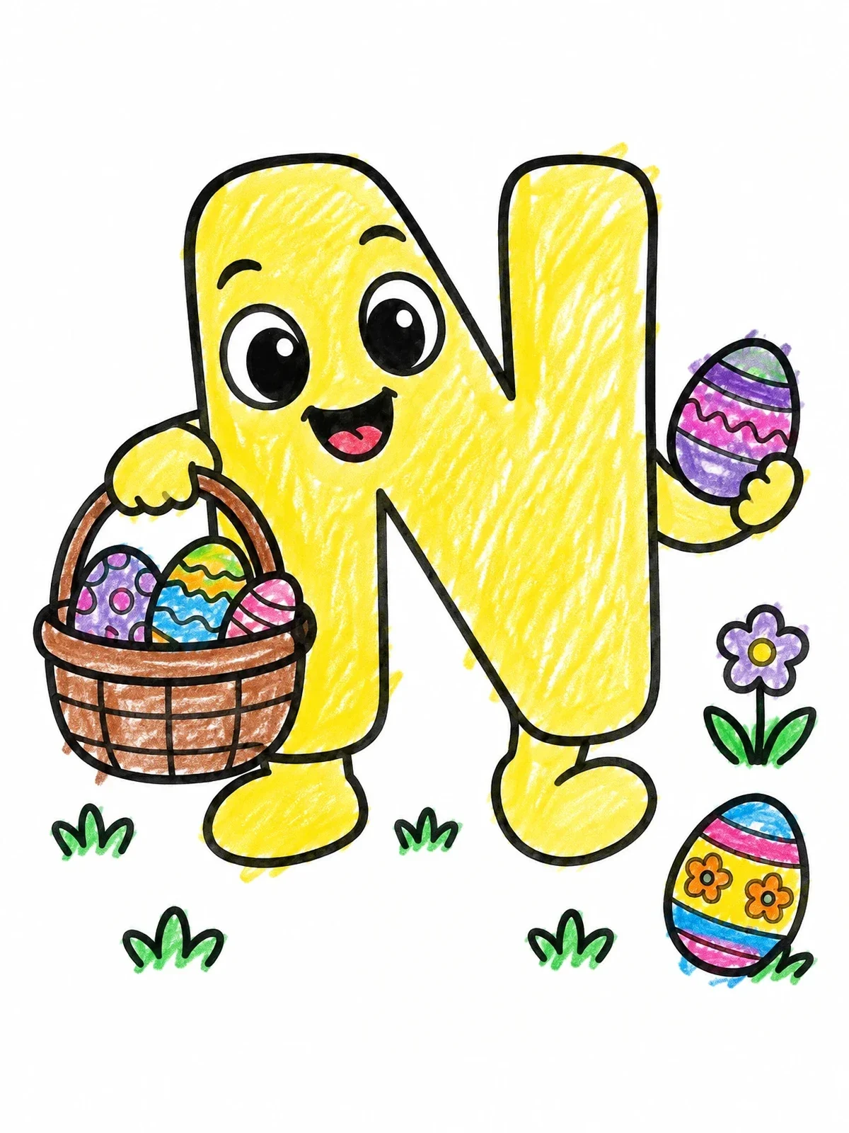 Colored example of the Cartoon Letter N On Easter Egg Hunt coloring page
